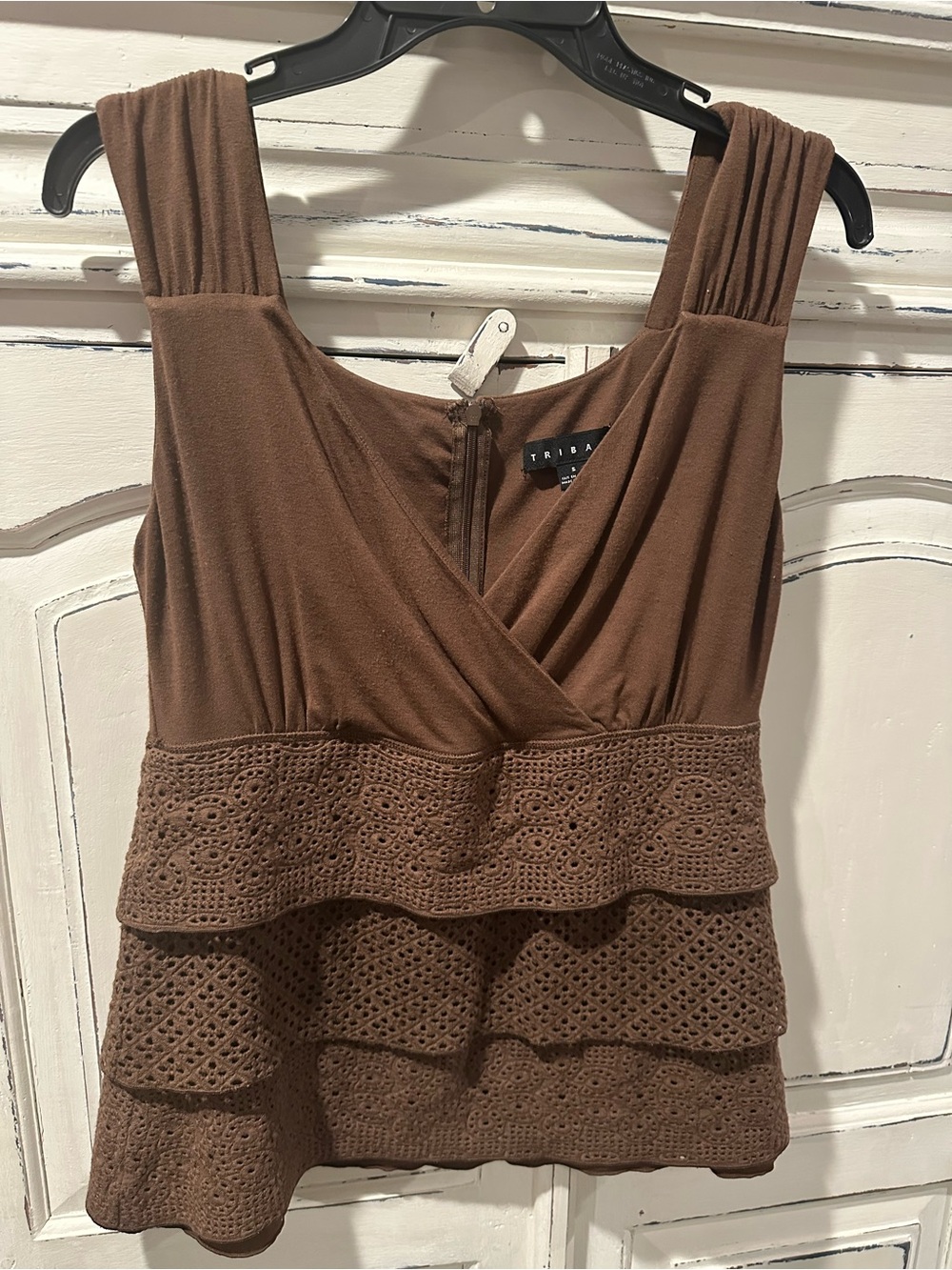 Tribal Brown Tiered Eyelet Peplum Tank Top